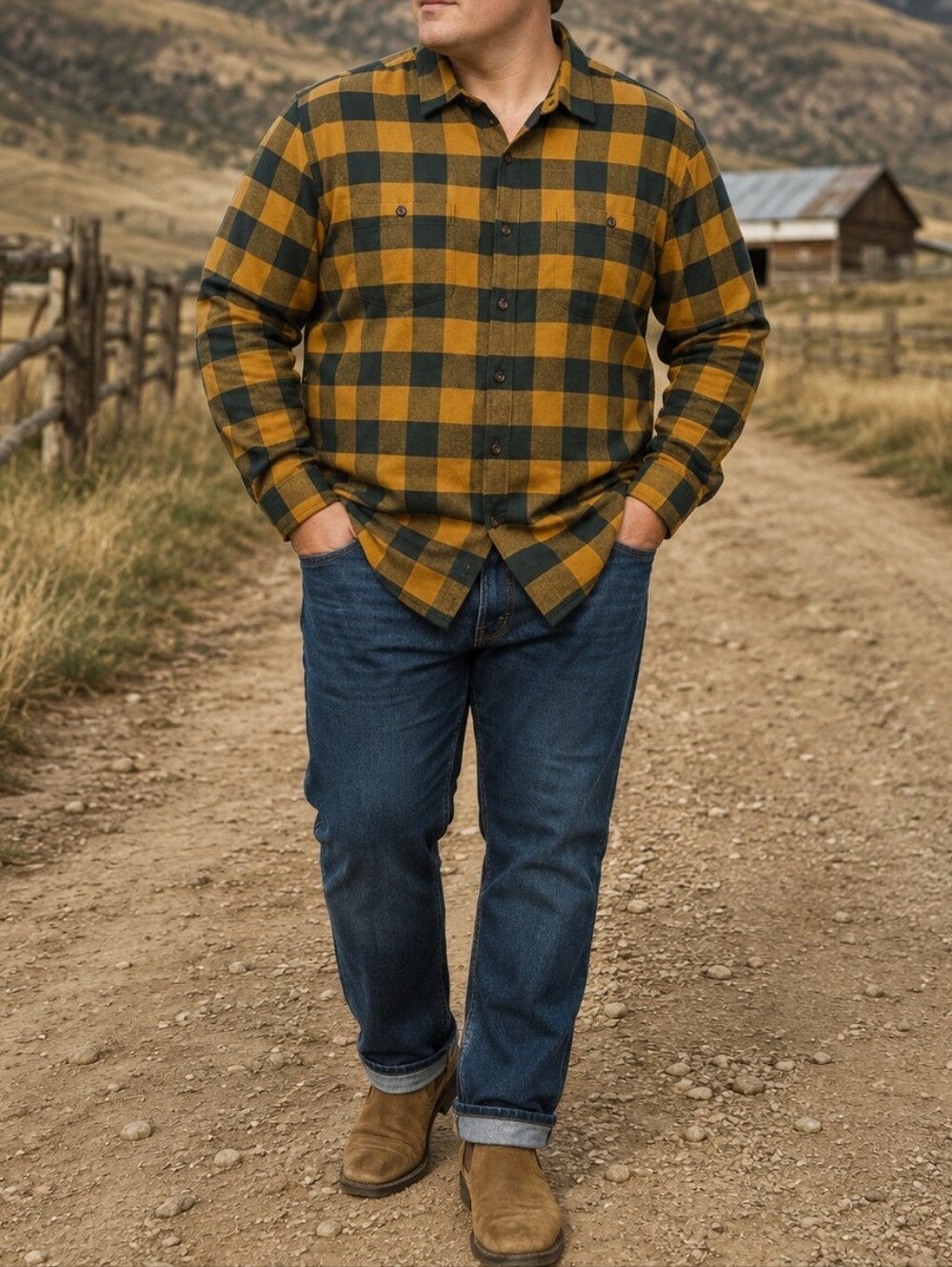 WindRiver Men’s Green Mustard Plaid 100% Cotton Flannel Button Down Shirt